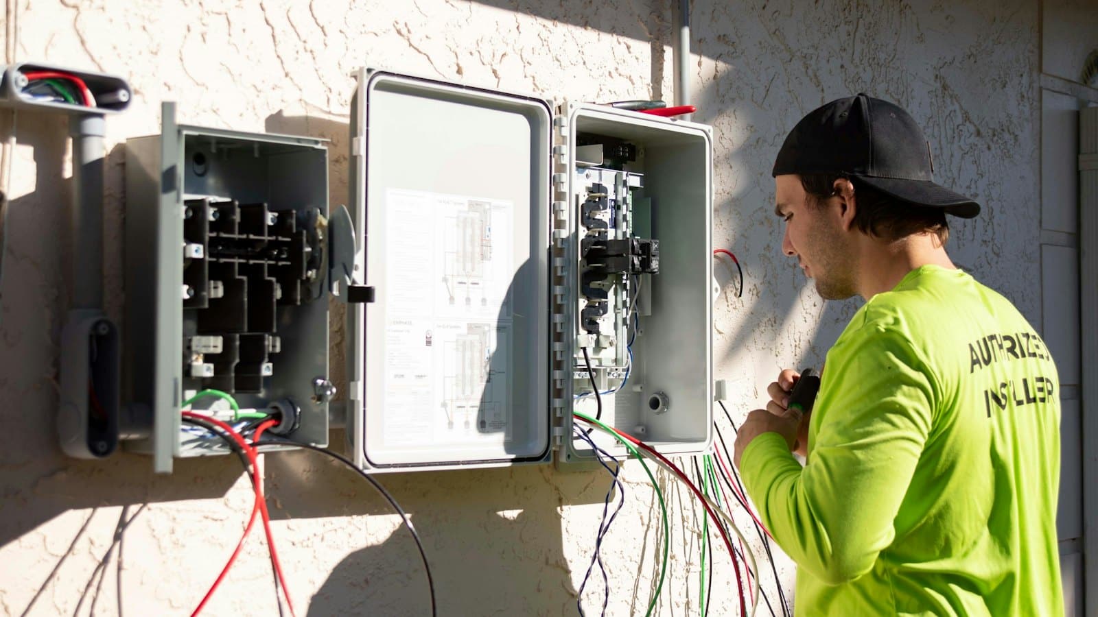 Instalador trabajando en una caja de conexiones exterior